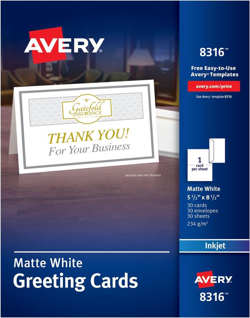 Avery Printable Greeting Cards with Envelopes, Half-Fold, 5.5" x 8.5", Matte White, 30 Blank Greeting Cards for Inkjet Printers (08316)