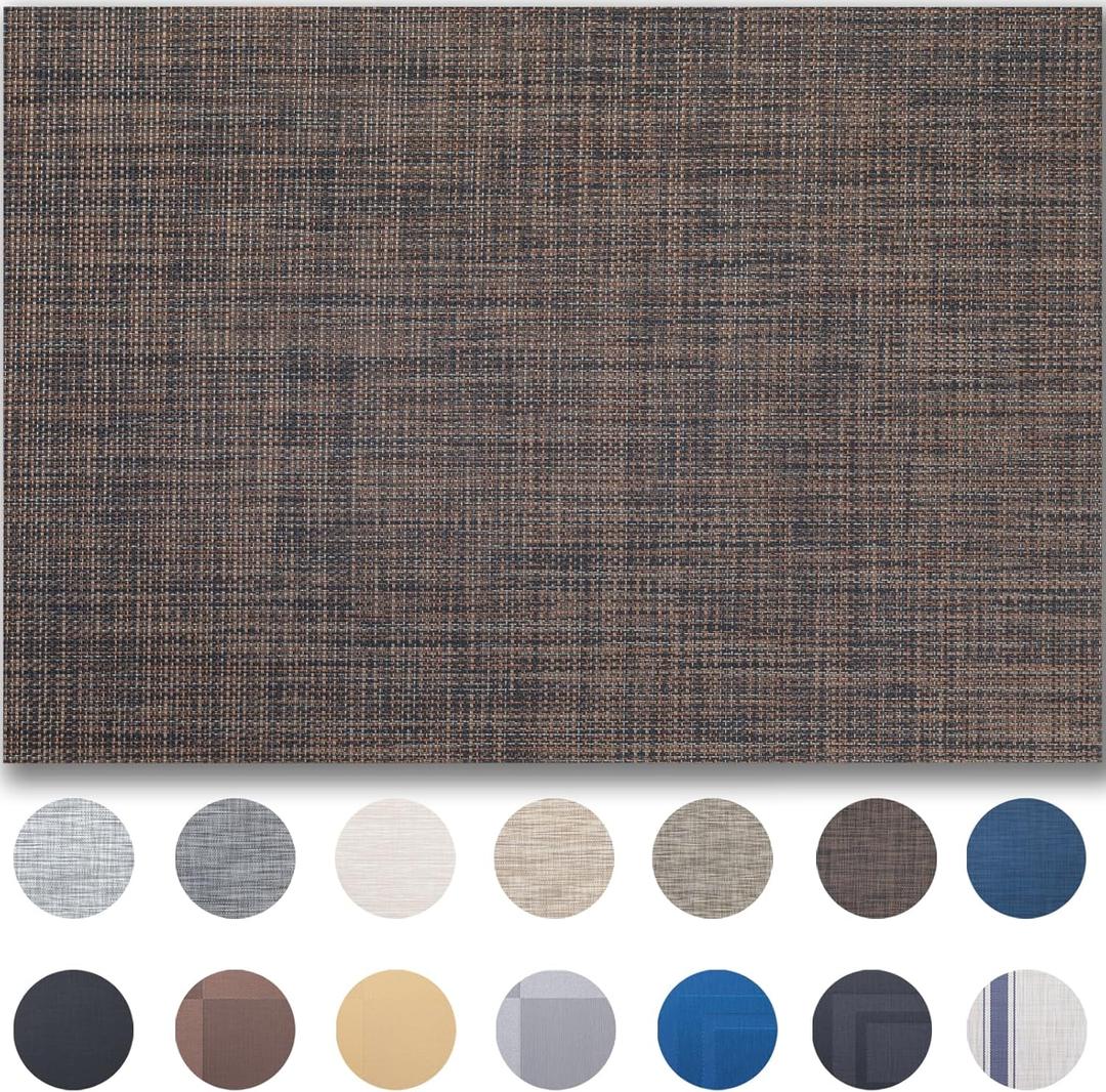 Placemats Set of 12 - Easy Clean Woven Vinyl Placemats for Dining Table, Indoor/Outdoor Place Mats, Washable PVC Table MatsBlack/Brown
