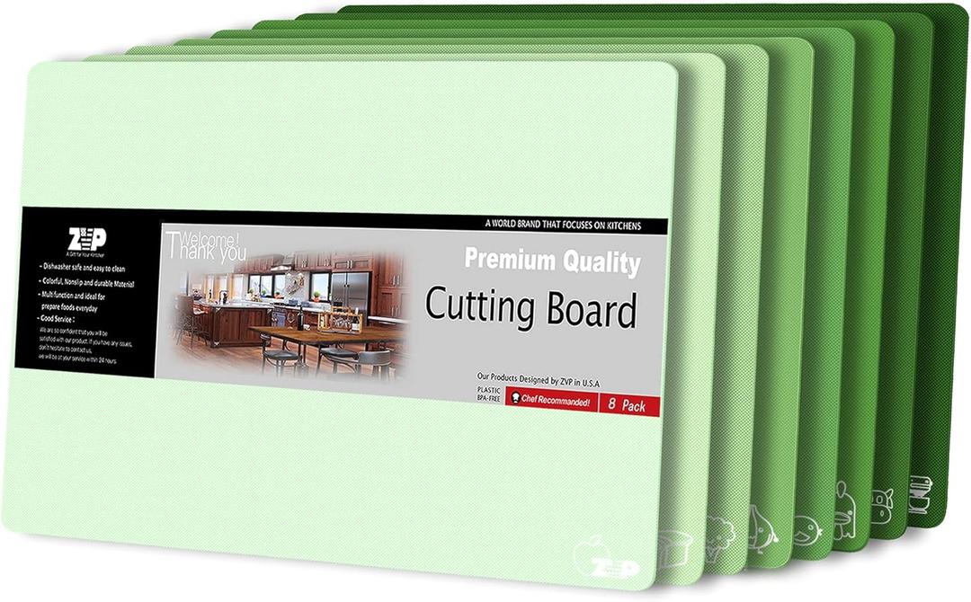 ZVP Plastic Cutting Boards for Kitchen, Flexible Cutting Mats, Gradient Green Chopping Boards with Food Icon, Non-Slip, Non Porous, BPA Free, Dishwasher Safe