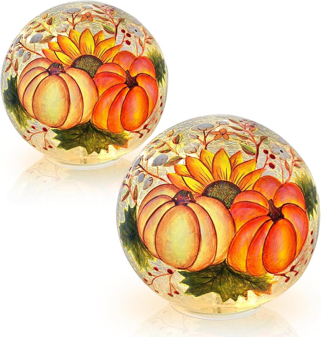 LEWIS&WAYNE Set of 2 Lighted Pumpkin Crackle Glass Balls 6 4.7 LED Night Light Globe Lamps with Warm White LED Battery Powered for Home Party Wedding Women's Gift