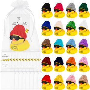 MJOGGOTT Employee Appreciation Gifts Bulk 66 Set Inspirational Mini Rubber Ducks with Glasses Necklace Hat and Cheer Up Cards You are Awesome Ducks for Staff Teacher Friend Family Appreciation Gifts