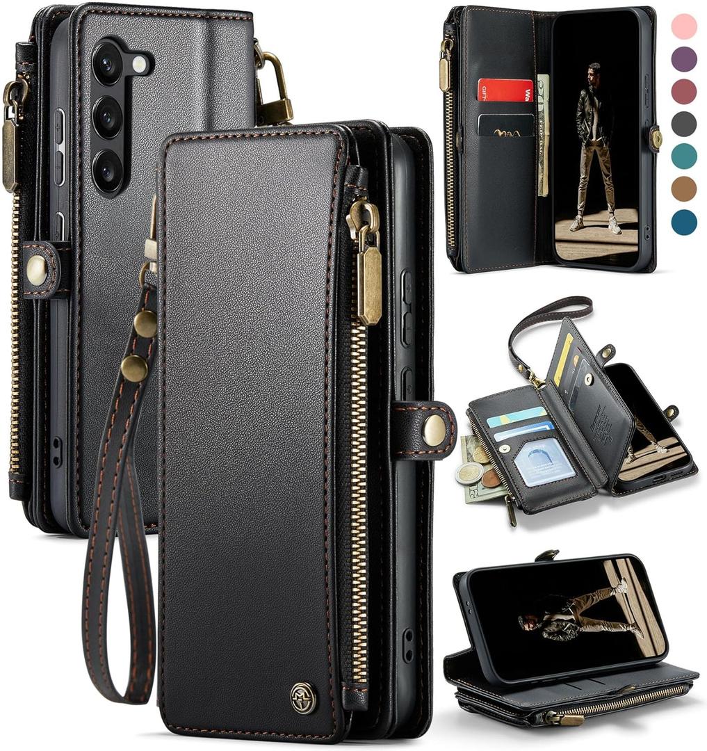 Defencase Compatible with Samsung Galaxy S23 Case Wallet with RFID Blocking Card Holder for Women Men, PU Leather Magnetic Snap Flip Zipper Strap Wallet Phone Case Fit for Galaxy S23 5G 6.1", Black