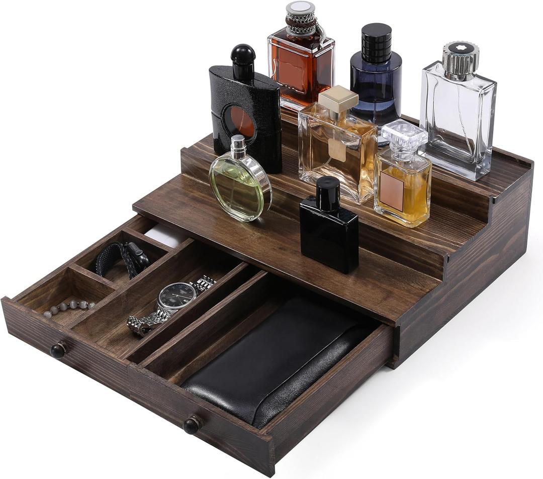 Boulphia Cologne Organizer for Men, 3Tier Cologne Stand with Drawer and Hidden Compartment, Wooden Cologne Shelf for Perfume Display Holder, Great Gifts for Men, Vintage