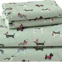 Laura Ashley - Flannel Sheets Queen Size, Anti-Pilling & Wrinkle Resistant Cotton, Touchably Soft for All-Season Comfort - Bed Sheets with Matching Pillowcases & Fitted Sheet (Holiday Pups Green)