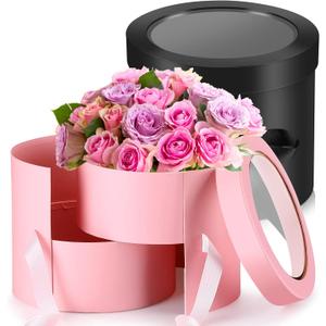 Fuutreo 2 Pcs Round Flower Boxes for Arrangements Gift Boxes with Lid 7.8 x 7.8 x 6.8 Inch Double Layers Rotating Rose Vase Bouquet Wedding Birthday Decorations, Black and Pink
