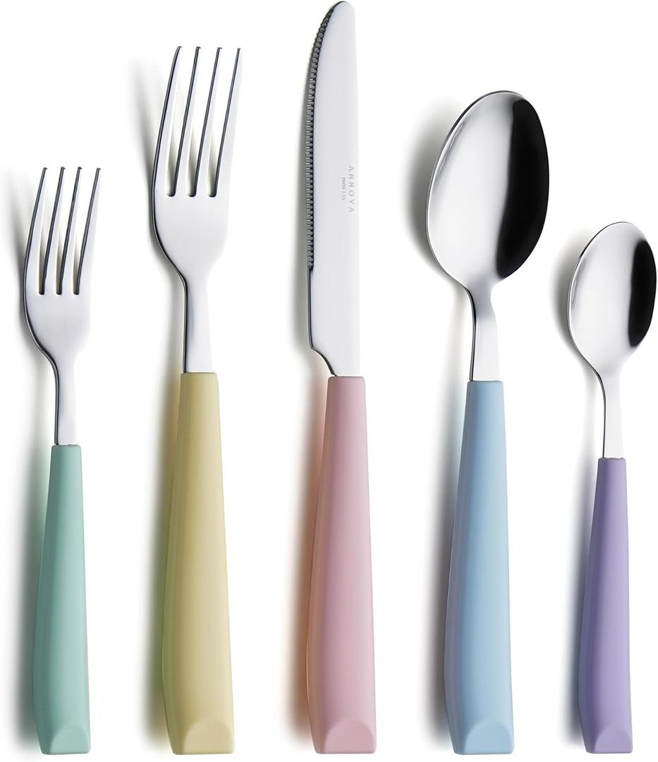 ANNOVA Silverware Set Stainless Steel Colorful Handle Tableware Kitchen Flatware Set Utensils, Includes Dinner Knives, Forks, Spoons, Salad Forks & Dessert Spoons (Pastel Mix, 20 Pieces) (Large)