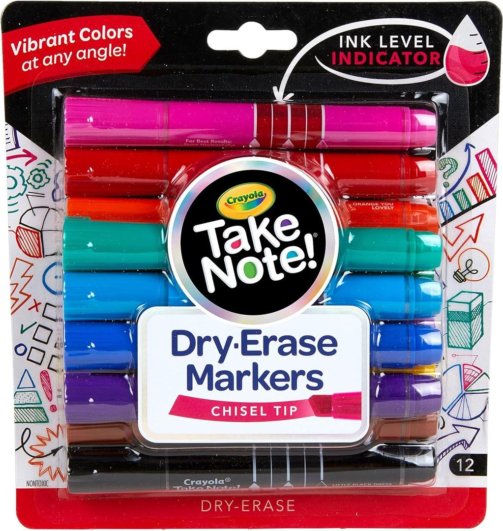 Crayola Take Note Dry Erase Markers for School (12ct) Chisel Tip Whiteboard Markers, Teacher Classroom Must Haves, Back to School Essentials, Low Odor