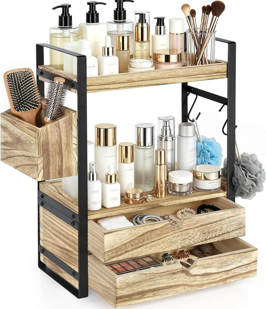 2-Tier Bathroom Counter Organizer with 2 Drawers, Basket and Hooks, Wood Bathroom Organizers and Storage for Countertop, Farmhouse Bathroom Countertop Organizer for Vanity, Kitchen, Coffee Bar, Office