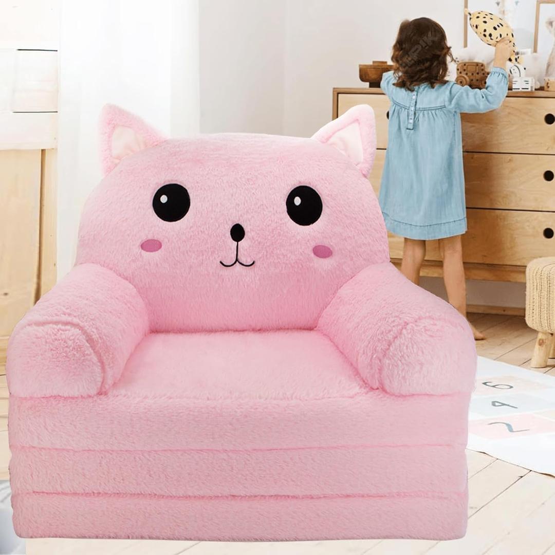 Toddler Chair Toddler Couch: 2-in-1 Kids Chairs Comfy Kids Sofa Fold Out for Girls and Boys 1-3 Years Old, Pink Cat