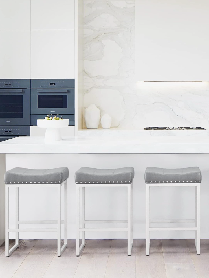 LUE BONA Counter Height Bar Stools, 24" Square Saddle Barstools Set of 3, Modern Backless Faux Leather Counter Stool with White Metal Legs for Kitchen Island Counter, Home Bar, Bistro, Light Gray
