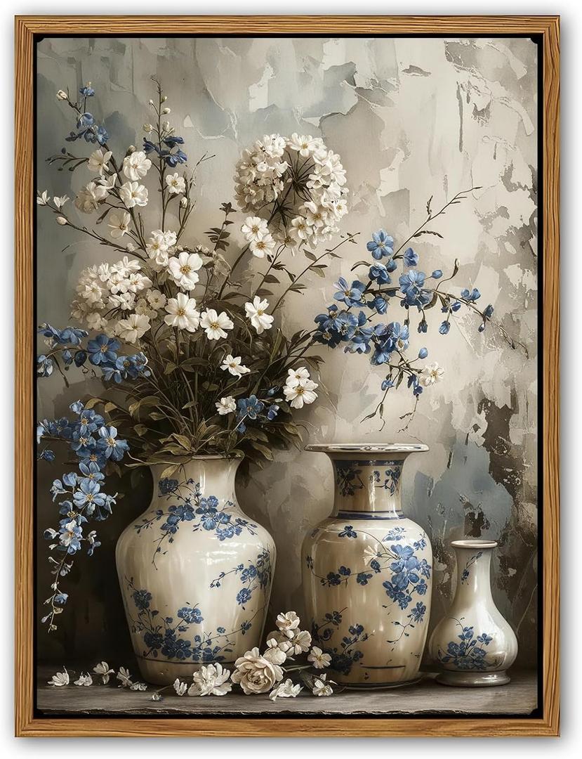 Floral Wall Art, Blue and White Flower Canvas Print, Vintage Jar Still Life Floating Framed Artwork, Rustic Farmhouse Decor for Living Room Bedroom 8x10 Ready to Hang