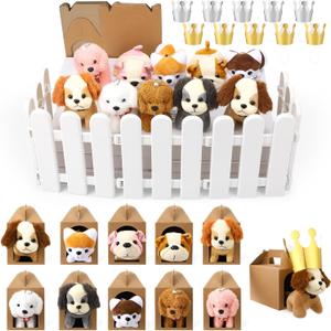 36Pcs Adopt A Puppy Party Favors Mini Stuffed Animals Plush Toy Set Includes 10Pcs Mini Plush Dogs, Birthday Hats, Kraft Paper Boxes, White Plastic Fence for Adopt A Dog Party