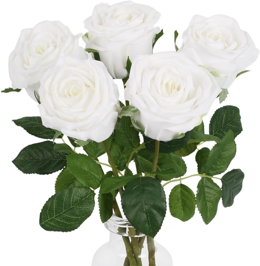 IPOPU 5 Pcs White Artificial Real Touch Roses 17.71 Latex Realistic Fake Roses for Vase Wedding Party DIY Bridal Bouquet Office Home Living Room Decor(White)