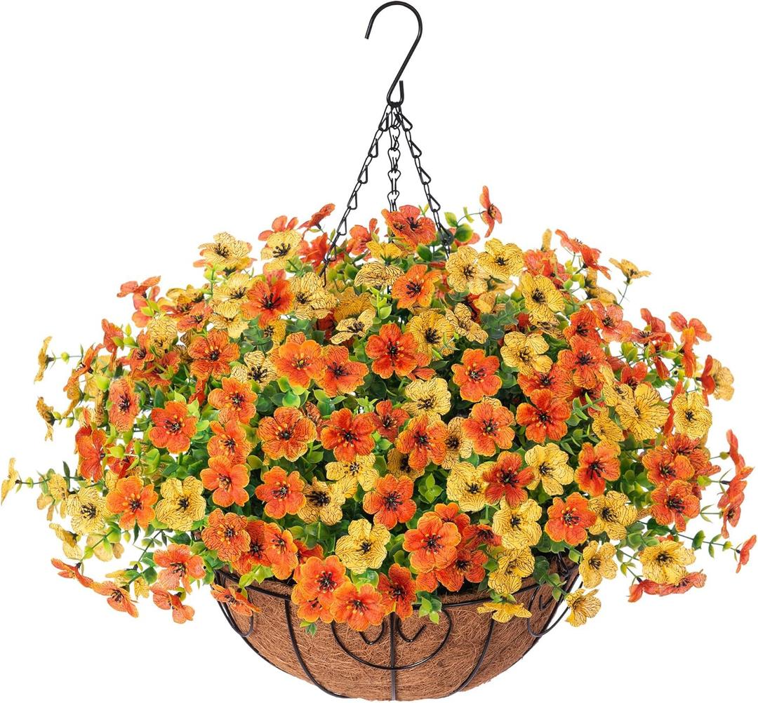 HyeFlora Artificial Fake Hanging Mums Plants Flowers Basket for Fall Autumn Outdoor Decor, Faux Silk Orange Dasiy Flower Look Real UV Resistant for Outside Porch Home Patio Garden Decoration