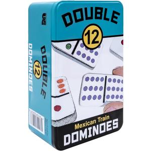 Front Porch Classics, Mexican Train, Double 12, Colored Dot Dominoes Set On-The-Go Travel Storage Tin, 2 to 8 Players, for All Ages