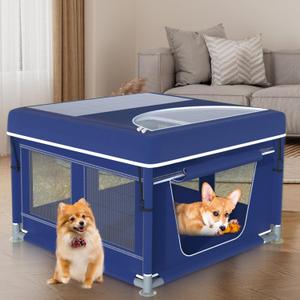 Dog Playpen 42  42 Inch, Puppy PlayPen with Gate for Puppies, Cat, Small and Medium Dogs, Pet PlayPen with Roof for Outdoors & Indoors, Thickened Fabric, Safe & Sturdy Dog Fence (Blue)