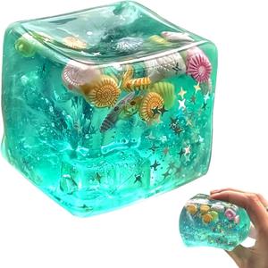 Ice Cube Cube Fidget Toys - Sensory Toys for Kids with Real Sea Shells, Squishy Fidget Toy for Kids & Adults | Non-Toxic Squeeze Ball for Anxiety, Focus & Calm for School, Office, Green