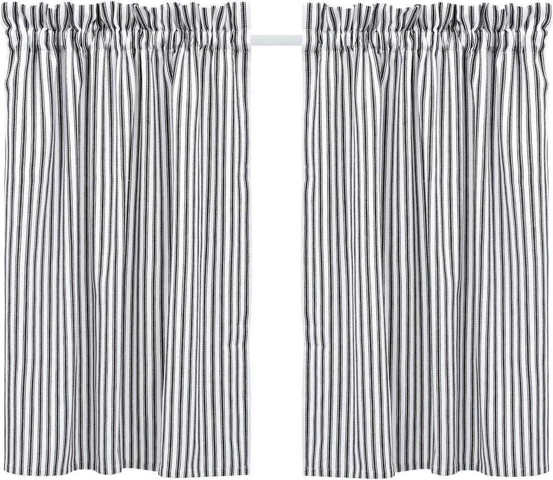 Cackleberry Home Black and White Ticking Stripe Cafe Curtains 28 Inches W x 36 Inches L Woven Cotton, Set of 2