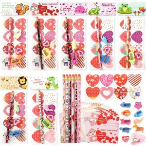 Valentine's Day Gifts for Kids Classroom - 28 Packs Super Value Stationery Kit, Cards, Pencils, Erasers, Pen Sharpeners, Holders, Exchange Party Favors Toys