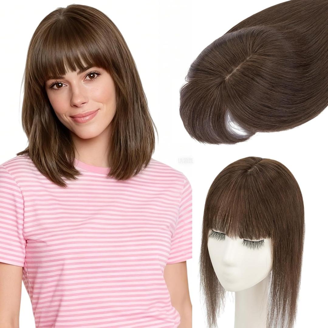 Rich Choices Real Human Hair Toppers for Women 3D Cover Clip in Bangs 100% Remy Human Clip in Silk Base Hair Topper with Bang for Thinning 150% Density 10 Inch #2R Chocolate Brown