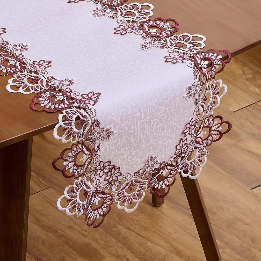 White Dark Red Jacquard Lace Table Runner 48 inches Long, Claret Dresser Scarf Table Topper for Kitchen Coffee Table Wedding Party Home Decor (Floral Dark Red, 16x48)