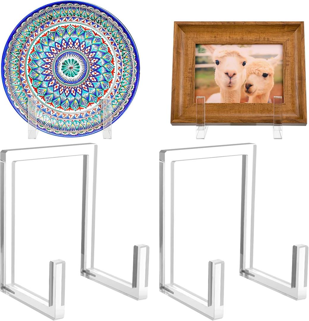 RattanView 2 Pcs Acrylic Plate Stand Clear Easel Stand for Display 8 Inch Acrylic Photo Frame Bowl Stands Holder Tall Clear Vinyl Record Storage Decor Plate Photo Book for Wedding Birthday Home Decor