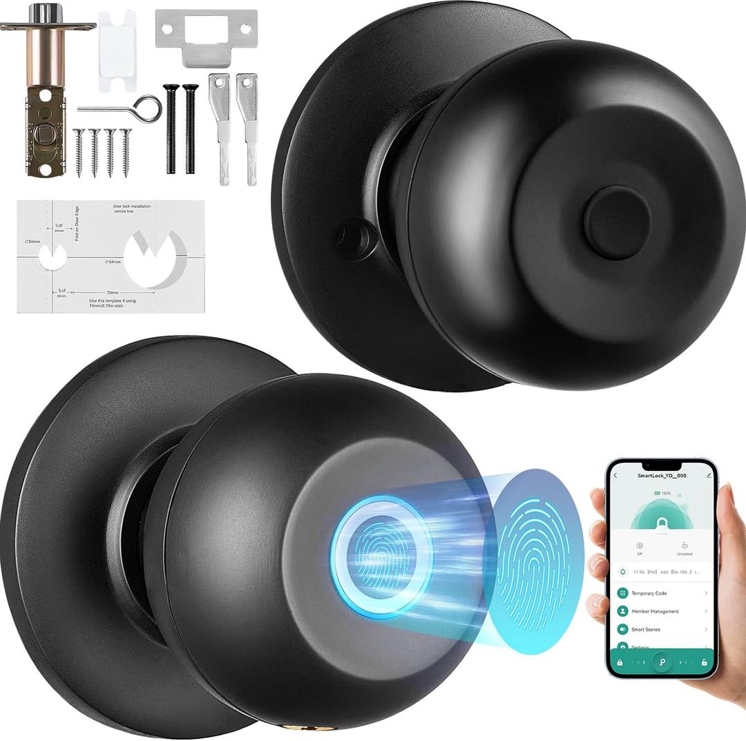 VEVOR Door Knob, Fingerprint Smart Lock with APP Control, Biometric Door Lock Bluetooth Smart Easy Installation Door Lock, for Home Bedrooms, Cloakroom, Hotels, Apartments Offices, Black