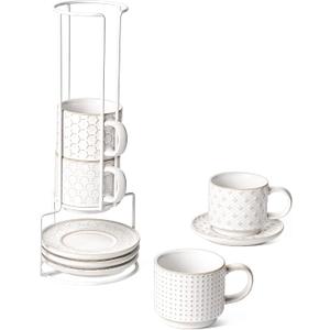 LE TAUCI Stackable Cappuccino Cups 6 oz with Saucers and Stand, Ceramic Embossed Coffee Mugs for Espresso Au Lait, Latte, Cafe, Mocha,Tea, Dishwasher Oven Safe - Set of 4, Arctic white