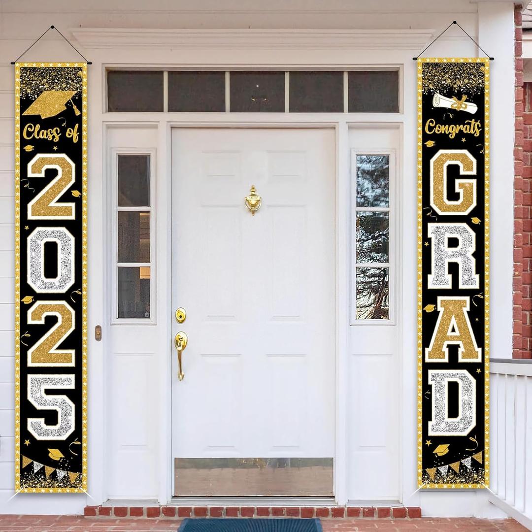 Jansun 2025 Black Gold Graduation Banner Party Decoration Class of 2025 Porch Sign Graduation Congrats Grad Black Gold Photograph Banner Door Hanging for High School College Graduation Party