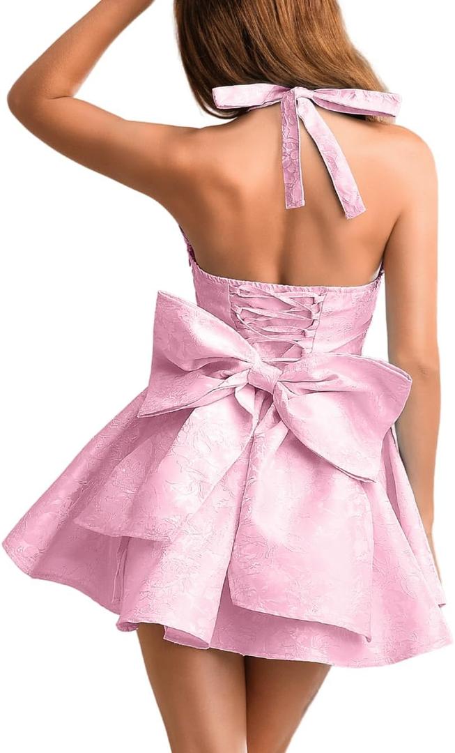 Jacquard Corset Dress,Deep V Halter Mini Dresses with Bow Back,Sexy Birthday Outfits Women Homecoming Prom Formal (Small, Pink)