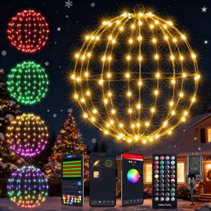Joomer Smart RGB Christmas Hanging Ball Lights, 12in 108 LED Foldable Color Changing Xmas Light, App and Remote Control, Waterproof Outdoor Fairy Globe Lights for Christmas Decor (Non-Connectable)