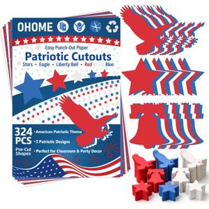 2 x 4th of July Decorations - 324 PCS Red White Blue Paper Star Eagle Liberty Bell Shape Cutouts Pre-Cut Set - Fourth of July Accessories, Patriotic Party Supplies Decor,250th Anniversary USA Merchandise
