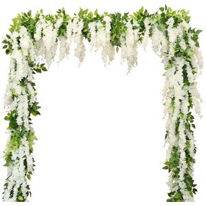 Wisteria Artificial Flowers Garland, 2Pcs 7.2Ft/Piece Silk Fake Wisteria Vine Kit, Hanging Flower for House Outdoor Garden Ceremony Outside Wedding Arch Floral Decor (2, White)