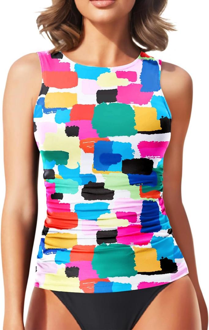 Daci Tankini Tops for Women High Neck Swim Top Tummy Control Bathing Suit Top Modest Swim Tank Top No Bottom (X-Large, Color Block)