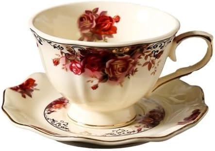 PICORLANE 8 oz Vintage flower Ceramic cup and 6" saucer set with Brand customized stainless steel spoon Gifts for Afternoon Tea Coffee Hour (B)