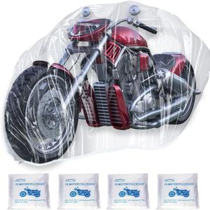 4 Pcs Motorcycle Cover,Disposable Clear Plastic Moped Cover Medium XXL  Waterproof Protection Dust Outdoor Rain Cover for Harley,Davidson,Yamaha,Suzuki,Honda, Kawasaki, (Indoor Universal)