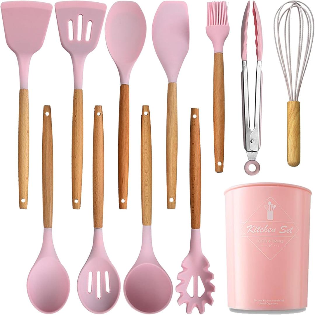 Silicone Cooking Utensils Set, 12-piece Kitchen Utensil Set Non-stick Cookware Is Heat-resistant, BPA-Free, Cooking Tools, Stirring Kitchen Tool Set (Pink)