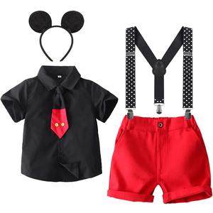 IBTOM CASTLE Cake Smash Baby Boys Cosplay Costume Necktie Shirt + Y-Back Suspender + Short + Headband 4pcs Halloween Gentleman Birthday Party Outfits Set for Kids, Black 3-4T