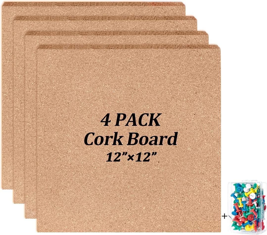 Cork Board Tiles 12"x12" - 1/2" Thick Bulletin Board Mini Wall with 50 Push Pins,Strong Self Adhesive Backing - 3 Pack