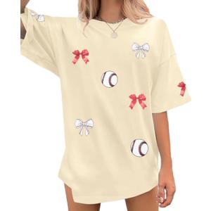 Baseball Shirts Women Baseball Bow Oversized Graphic Tshirt Game Day Gift Baseball Mom Casual Tee Tops (Medium, Apricot)