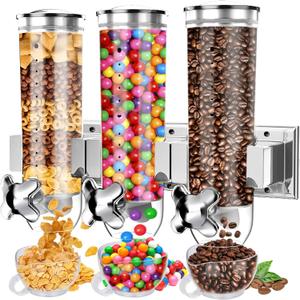 Food Dispenser Wall Mounted Grain Dispenser, Cereal Dispenser with Cup, Dry Food Dispenser Wall Mounted Triple Cereal Dispenser, Candy Dispenser Grain Dispenser for Kitchen Store Nut Coffee Beans 4.5L (Silver)