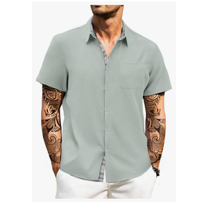 HUNGSON Men's Button Down Shirts Short Sleeve Casual Shirts Summer Beach with Pocket S