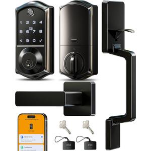 Veise VE017-D Fingerprint Smart Front Door Lock Set, App Control, 8-in-1 Keyless Entry Deadbolt with Lever Handle, Emergency Power Port, Auto Lock, Touchscreen Keypad, Easy Install, Matte Black