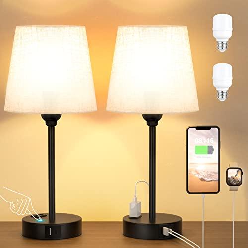 Mini Bedside Lamps for Bedrooms Set of 2 - Nightstand Bedroom Lamps with USB C Port and AC Outlet Charging, Dimmable Touch Small Bed Side Table Lamp, Black Night Stand Light for Kids/Guest Room (Beige)