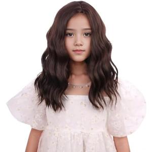 DUDUWIG Child Brown Wig Kids Short Chocolate Brown Wavy Curly Wig Girls Short Brown Side Part Wig Heat Resistant Synthetic Wig with Wig Cap