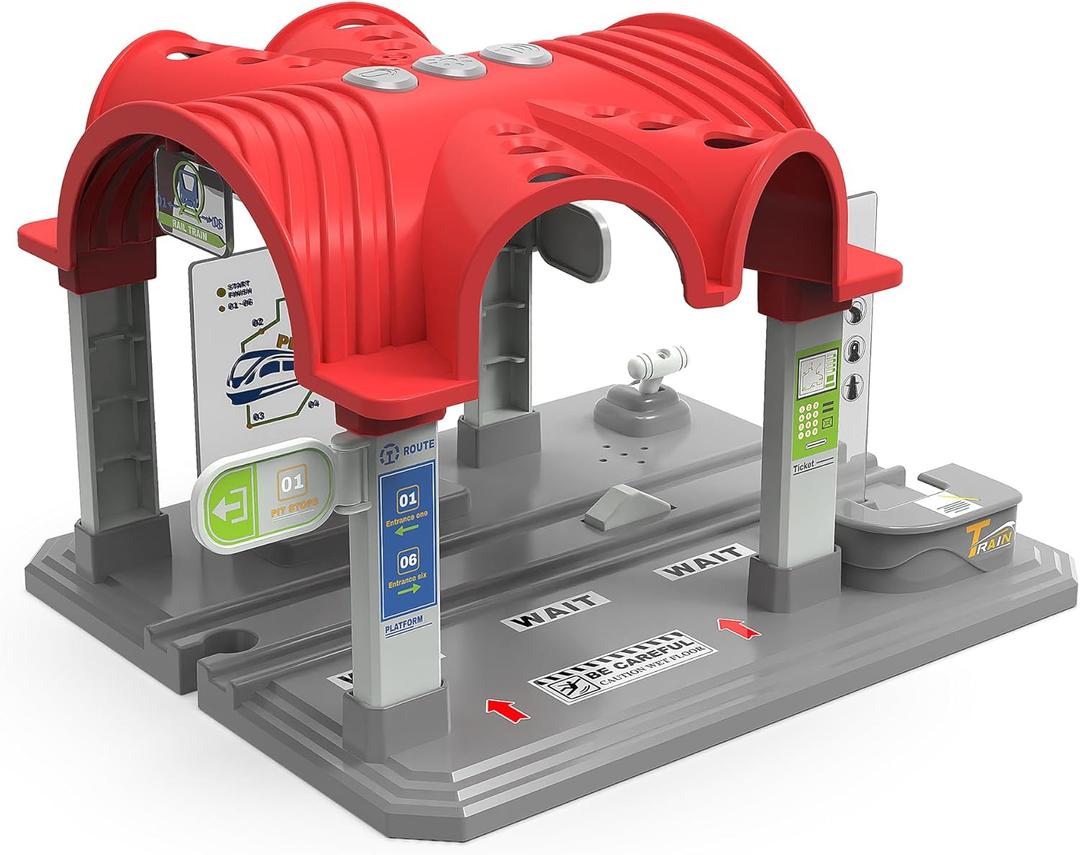 Train Accessories Modern Station for Kids, Train Tunnel for Wooden Railway System, Multifunction Toy Trains Set for Motorized Cars Compatible with Thomas & Friends, Brio, Chuggington