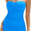 Holipick Women's Tummy Control One Piece Swim Dress Strapless Swimsuit Bandeau Skirted Bathing Suits (Blue, L)
