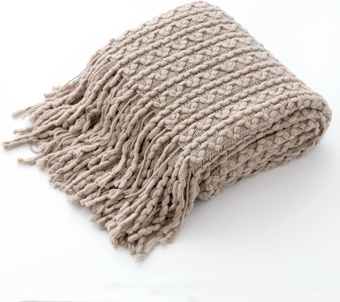 MIULEE Beige Throw Blanket for Couch Soft Textured Knitted Blanket with Tassels Cozy Woven Decorative Boho Lightweight Breathable Blanket for Sofa Bed Chair Wave Pattern for All Seasons (Throw Size-(50" x 60"))