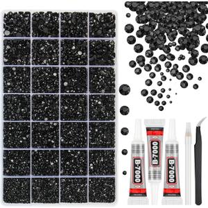33000Pcs Black Resin Jelly Rhinestones for Bedazzling, 2-6mm Flatback Gems for Diamond Art, Bedazzler Kit with 3Pcs 10ml B7000 Jewelry Glue for Crafting Crafts Book Shoes Nail Art