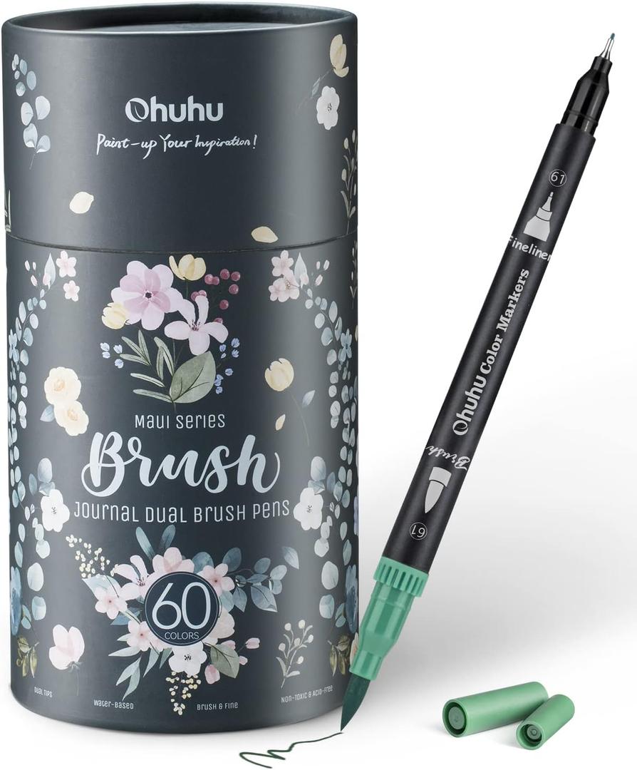 Ohuhu Markers for Adult Coloring Books No bleeding 60 Colors Coloring Markers Water-based Dual Tips Fineliner & Brush Drawing Pens Art Markers for Kids Adults Sketch Journal - Maui - Black (1 Count (Pack of 60)